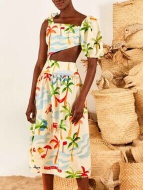 FARM Rio Copacabana Linen-Blend Cutout Midi Dress